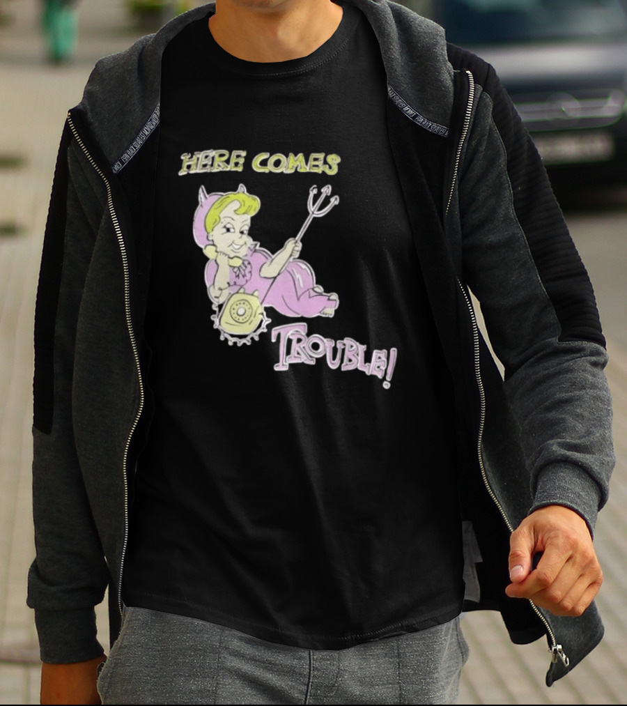 Here Comes Trouble Devil Baby With Pitchfork And Telephone T-Shirt