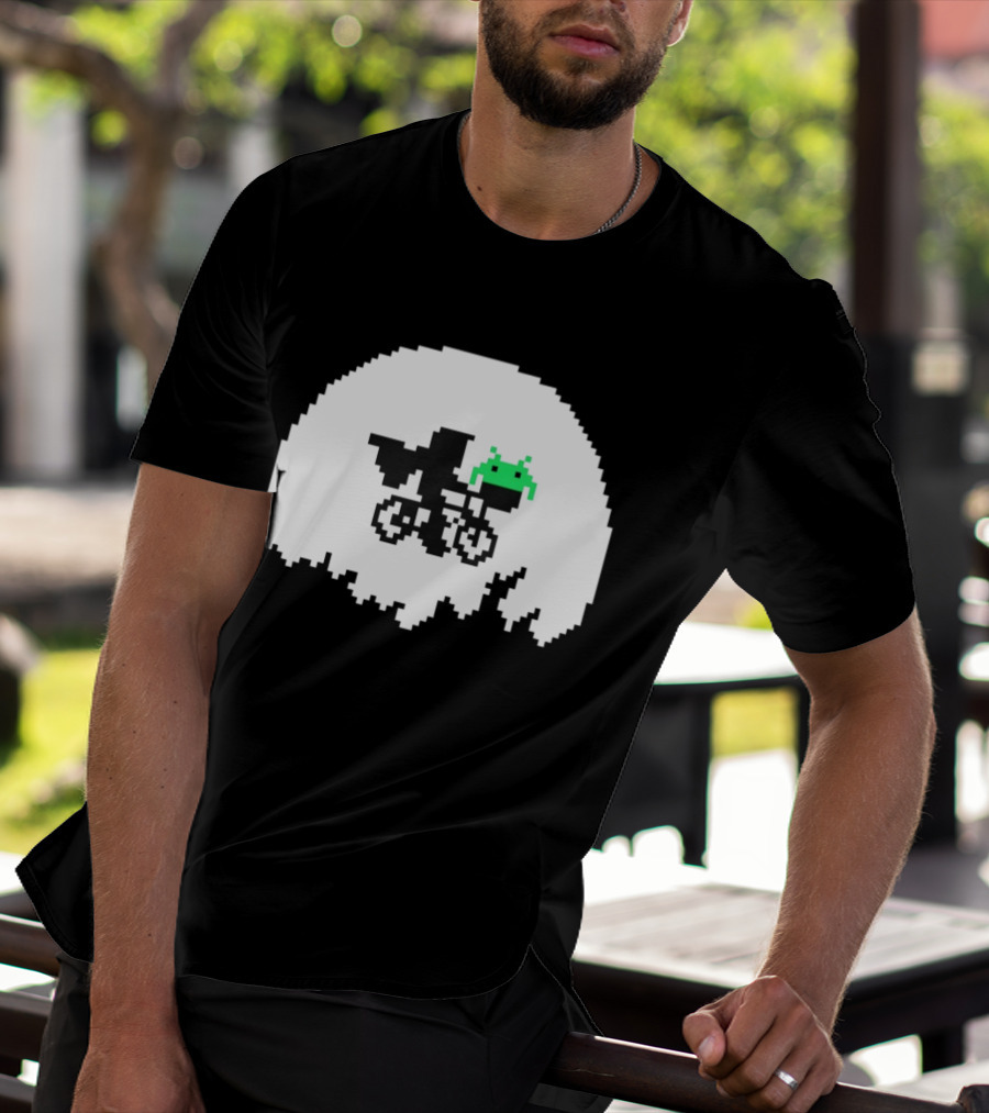 Elliott And Extra Terrestrial On Bicycle With Space Invader Pixel T-Shirt