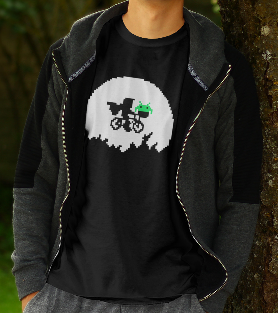 Elliott And Extra Terrestrial On Bicycle With Space Invader Pixel T-Shirt