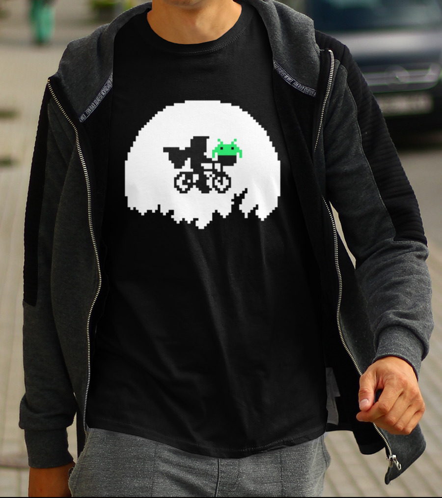 Elliott And Extra Terrestrial On Bicycle With Space Invader Pixel T-Shirt