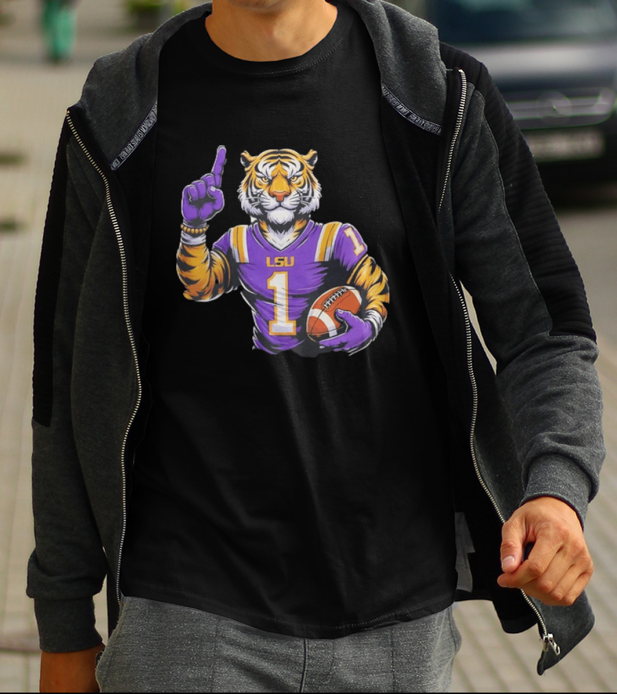 LSU Tiger Football Pointing Number 1 Holding Ball T-Shirt