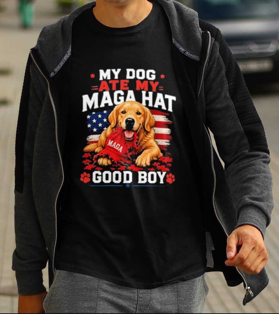 My Dog Ate My MAGA Hat Good Boy American Flag Dog Paw Print T-Shirt