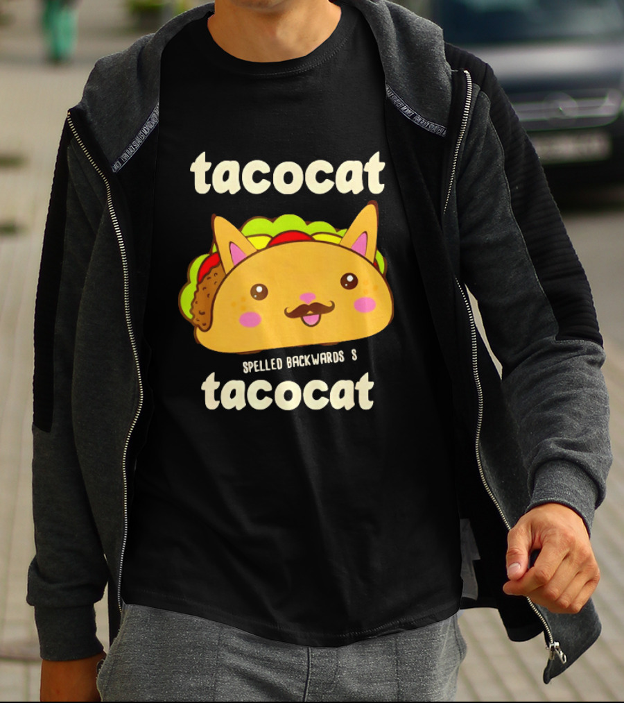 Tacocat Spelled Backwards Funny Meme Cartoon Palindrome Cat T-Shirt