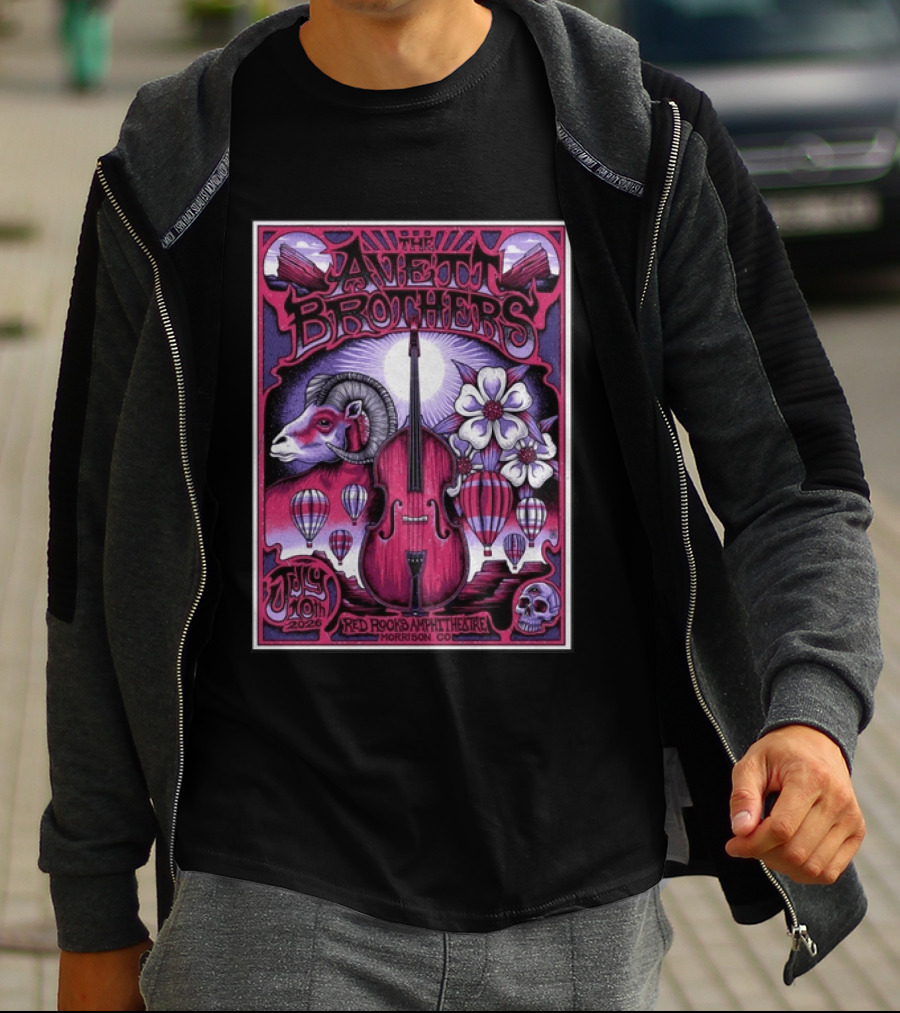 The Avett Brothers Red Rocks Amphitheatre Jul 10 2026 Morrison CO Hot Air Balloons Ram Violin Skull Art Flowers T-Shirt