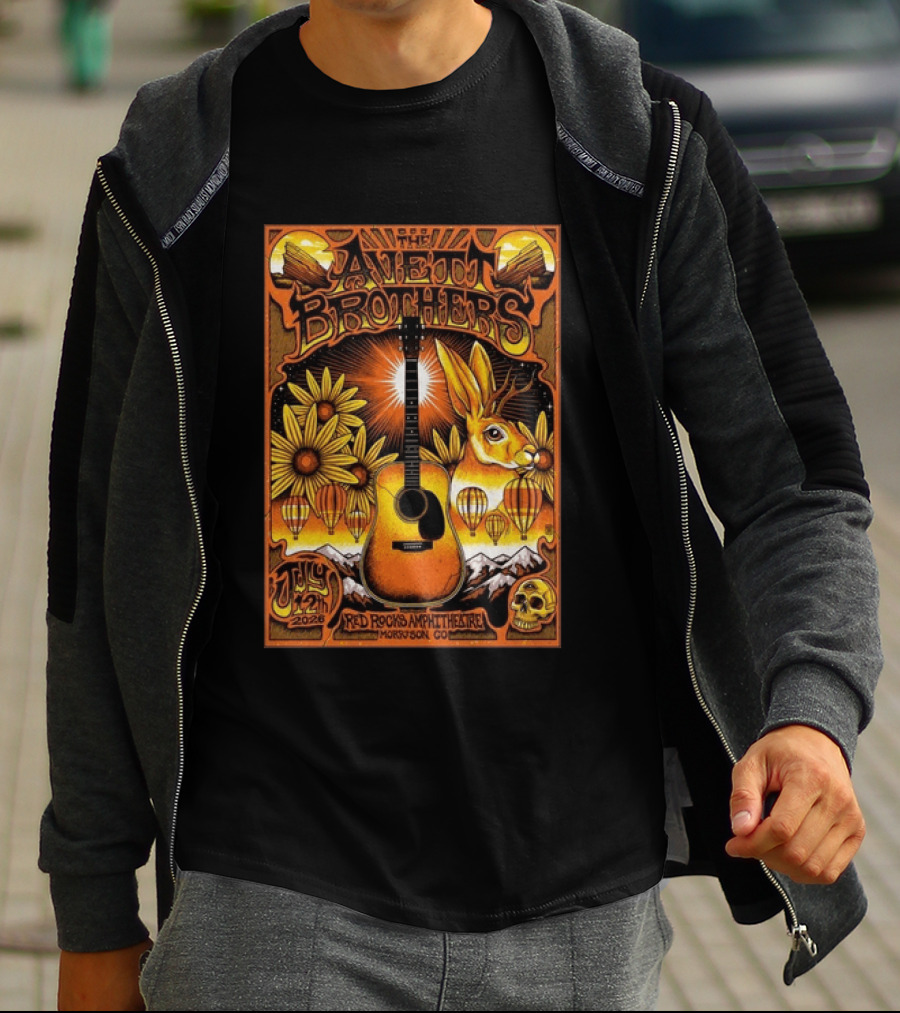 The Avett Brothers Red Rocks Amphitheatre July 12 2026 Morrison CO Guitar Sunflowers Rabbit T-Shirt
