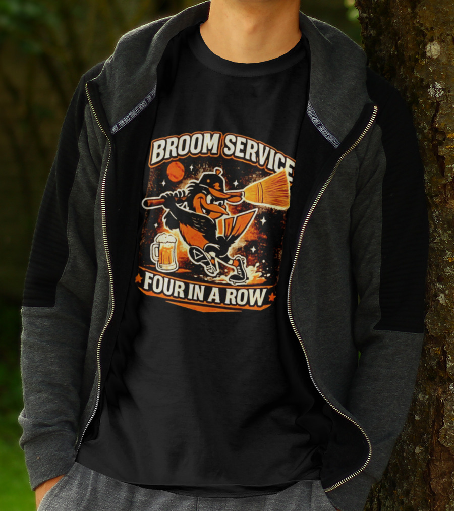 Orioles Broom Service Four In A Row Baseball Art Featuring Mascot With Broom And Beer T-Shirt