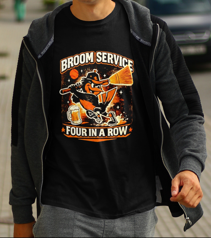 Orioles Broom Service Four In A Row Baseball Art Featuring Mascot With Broom And Beer T-Shirt