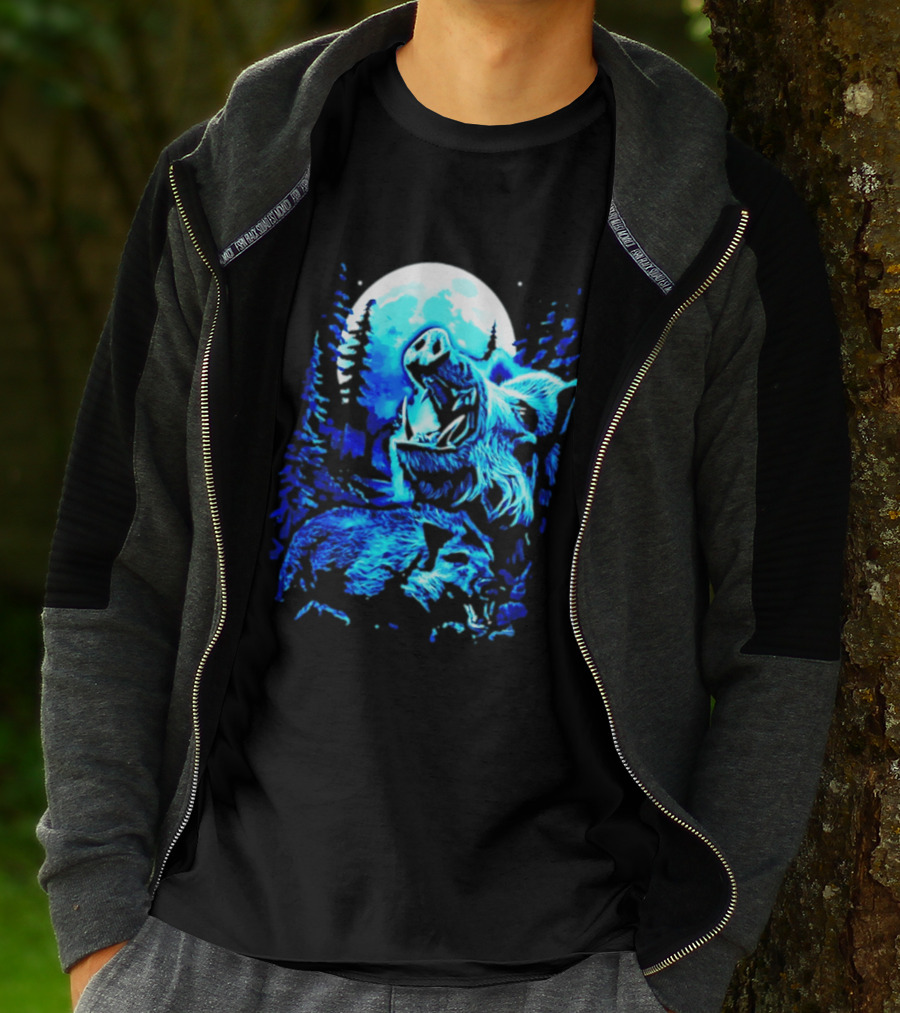 Wild Boar Howling At The Moon Under Mystical Forest Night Sky T-Shirt