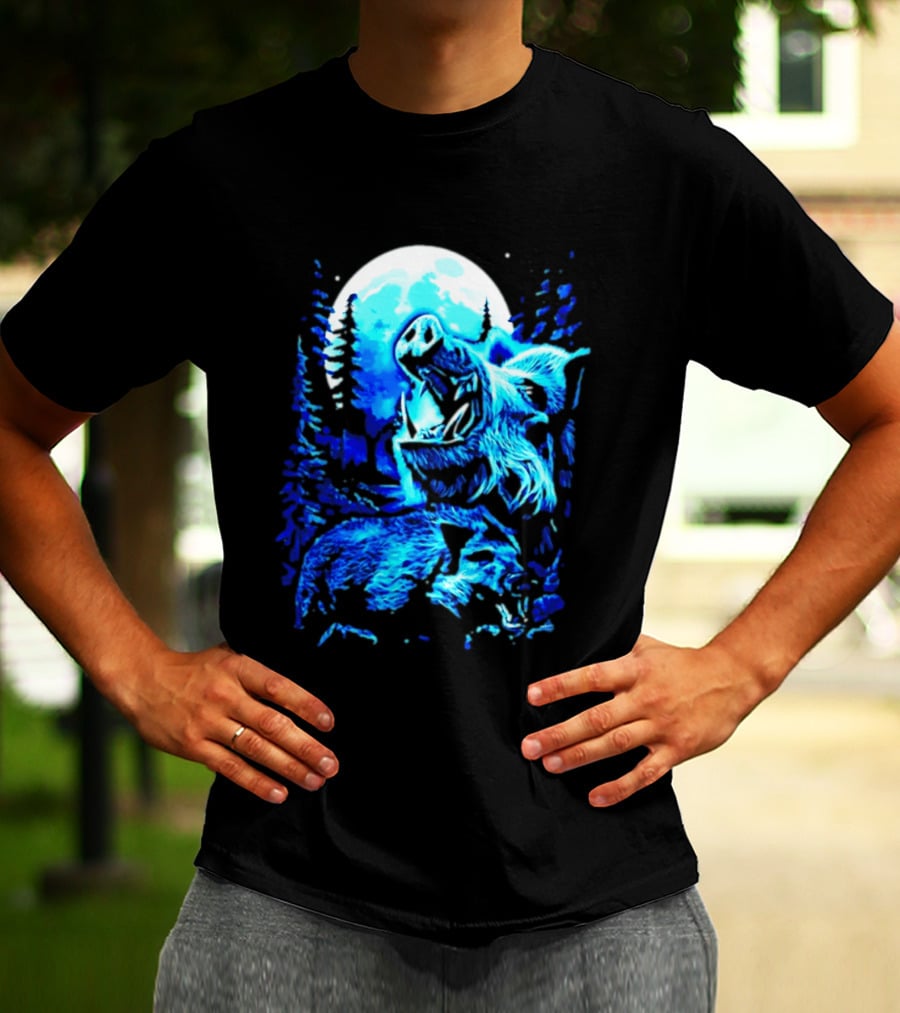 Wild Boar Howling At The Moon Under Mystical Forest Night Sky T-Shirt