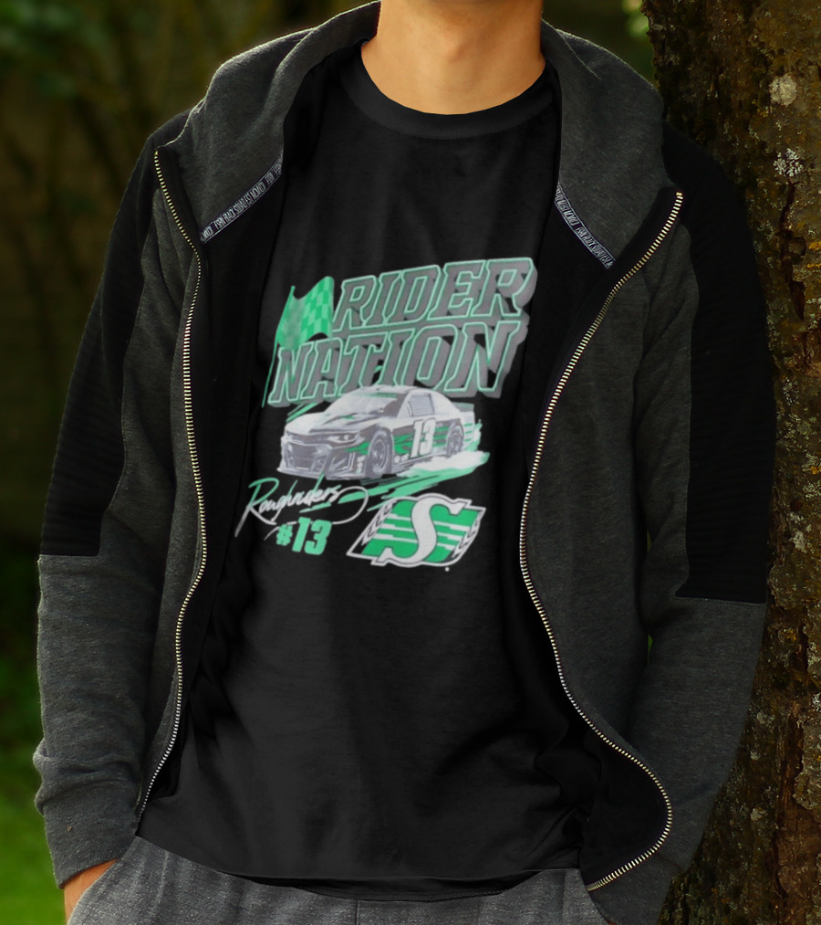 Saskatchewan Roughriders Rider Nation Race Car Number 13 With Team Logo And Flag T-Shirt