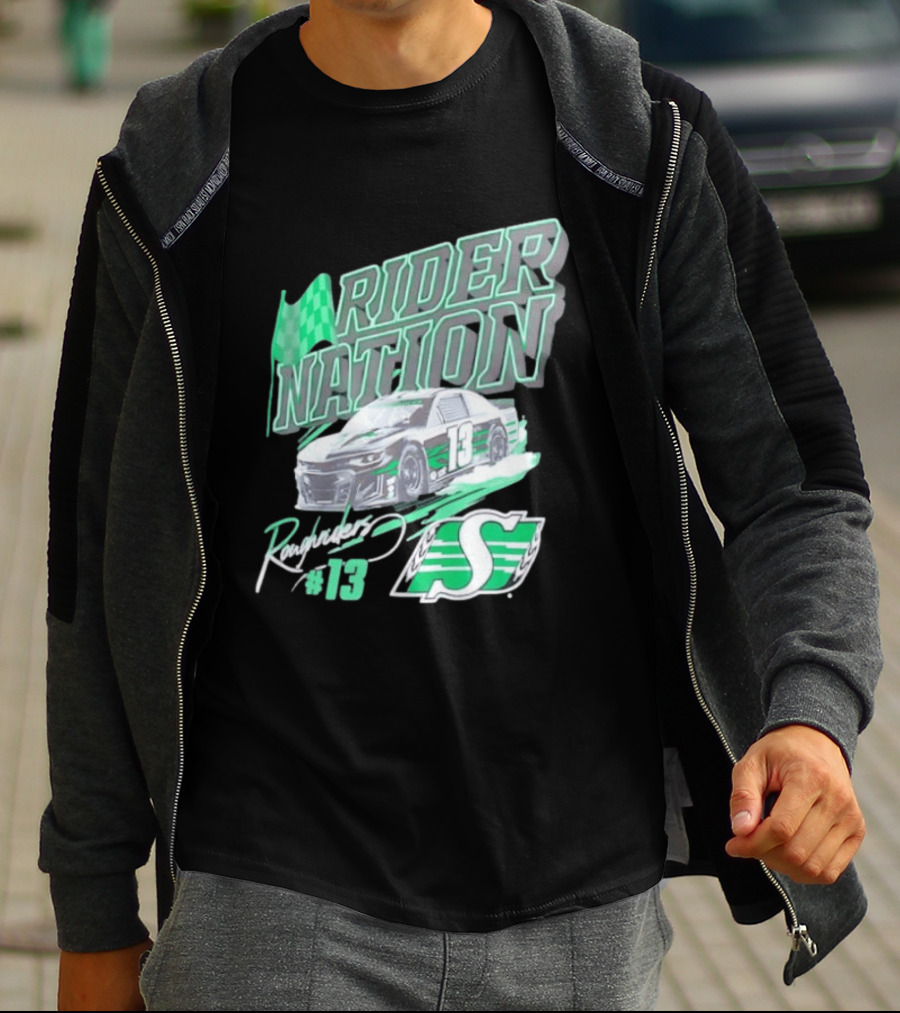 Saskatchewan Roughriders Rider Nation Race Car Number 13 With Team Logo And Flag T-Shirt