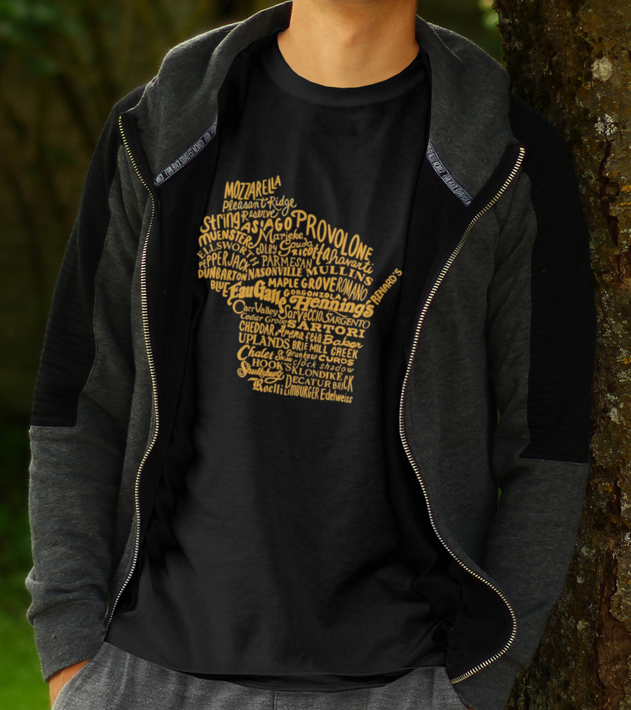 Wisconsin Cheese Map Eau Galle Cheddar Provolone Mozzarella Gouda Asiago Parmigiano Ullands T-Shirt