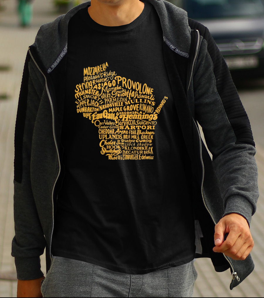 Wisconsin Cheese Map Eau Galle Cheddar Provolone Mozzarella Gouda Asiago Parmigiano Ullands T-Shirt