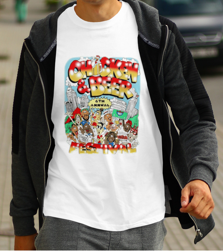 6th Annual Chicken & Beer Festival Indianapolis Cartoon Cityscape Crowd Fun T-Shirt
