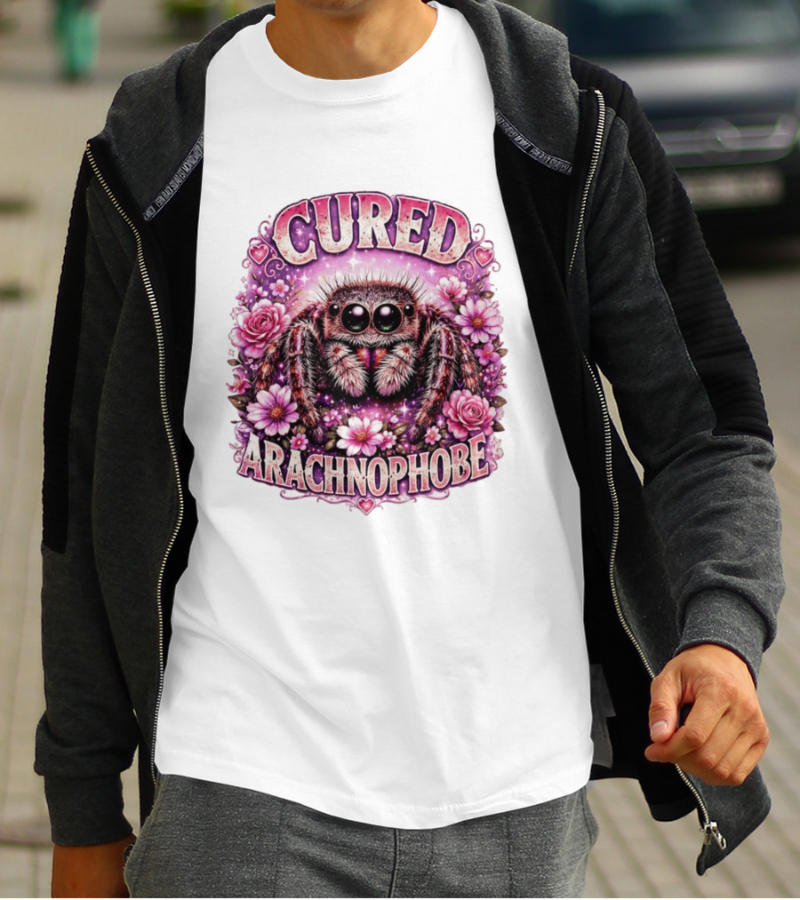 Cured Arachnophobe Jumping Spider Floral Hearts And Flowers T-Shirt