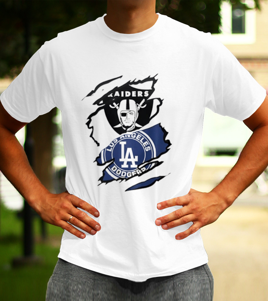 Raiders Los Angeles Dodgers Ripped Effect NFL MLB Crossover Fan Gear T-Shirt