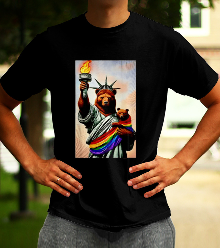 Bear Statues Liberty Rainbow Pride Torch T-Shirt