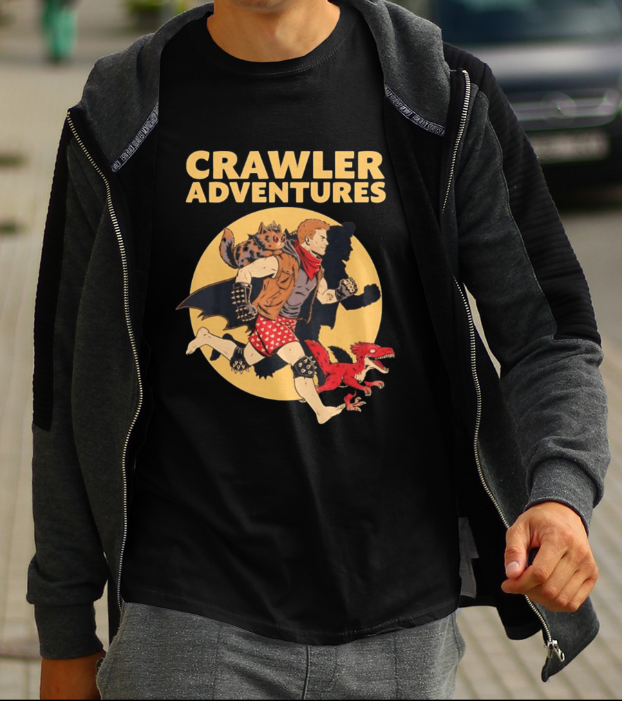 Crawler Adventures Running Man Cat Companion And Raptor T-Shirt