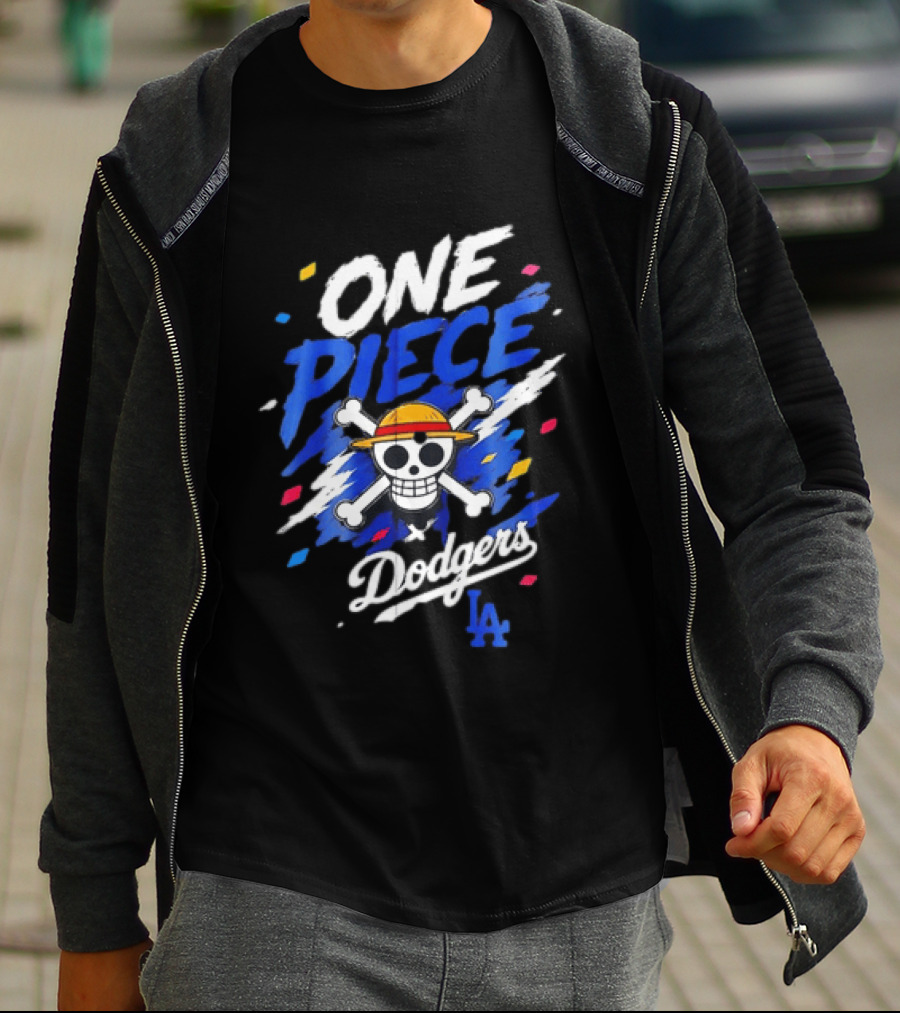 One Piece Dodgers LA Crossover With Jolly Roger And Straw Hat T-Shirt