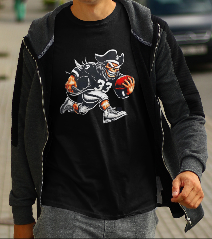 Raiders Skeleton Pirate Running With Football Number 33 T-Shirt