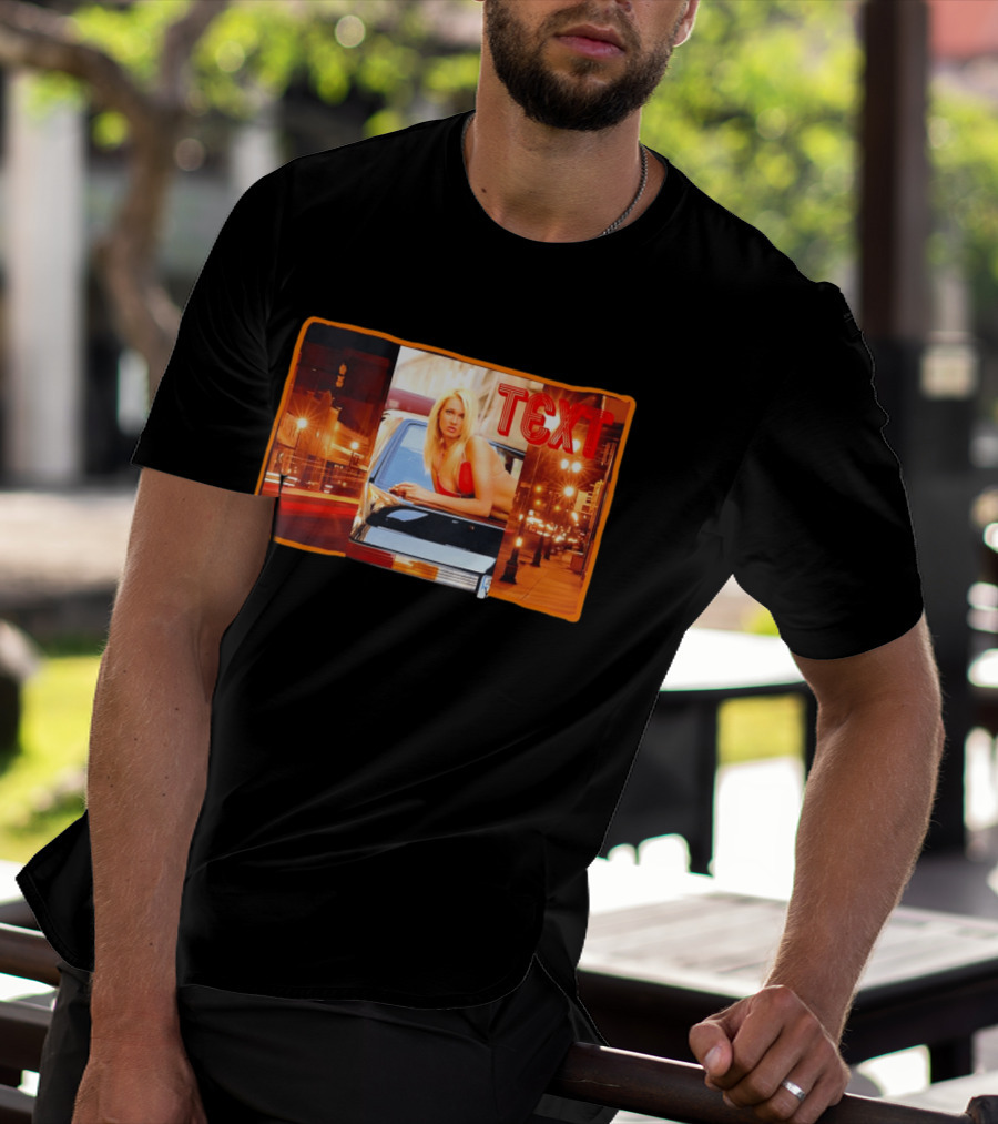 Blonde Woman In Red Bikini Leaning On Car At Night With Neon City Lights T-Shirt