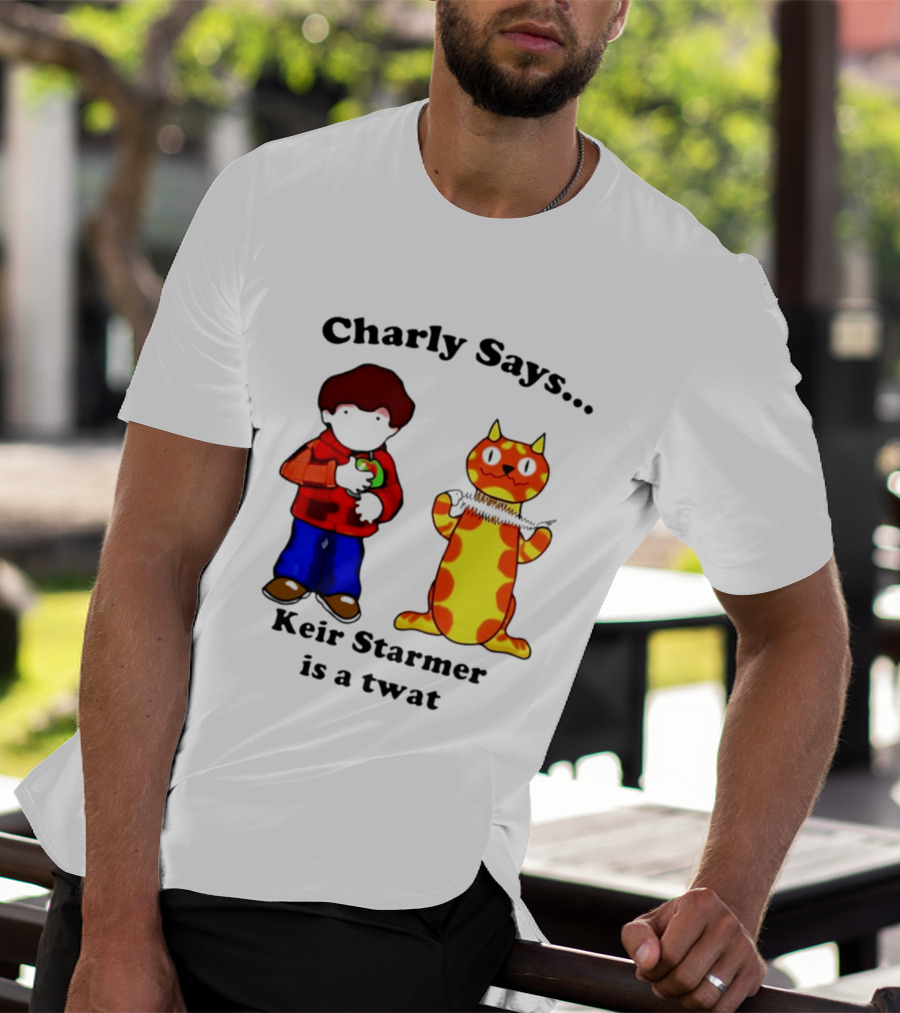 Charly Says Keir Starmer Is A Twat Comic Retro Style Cat And Kid T-Shirt
