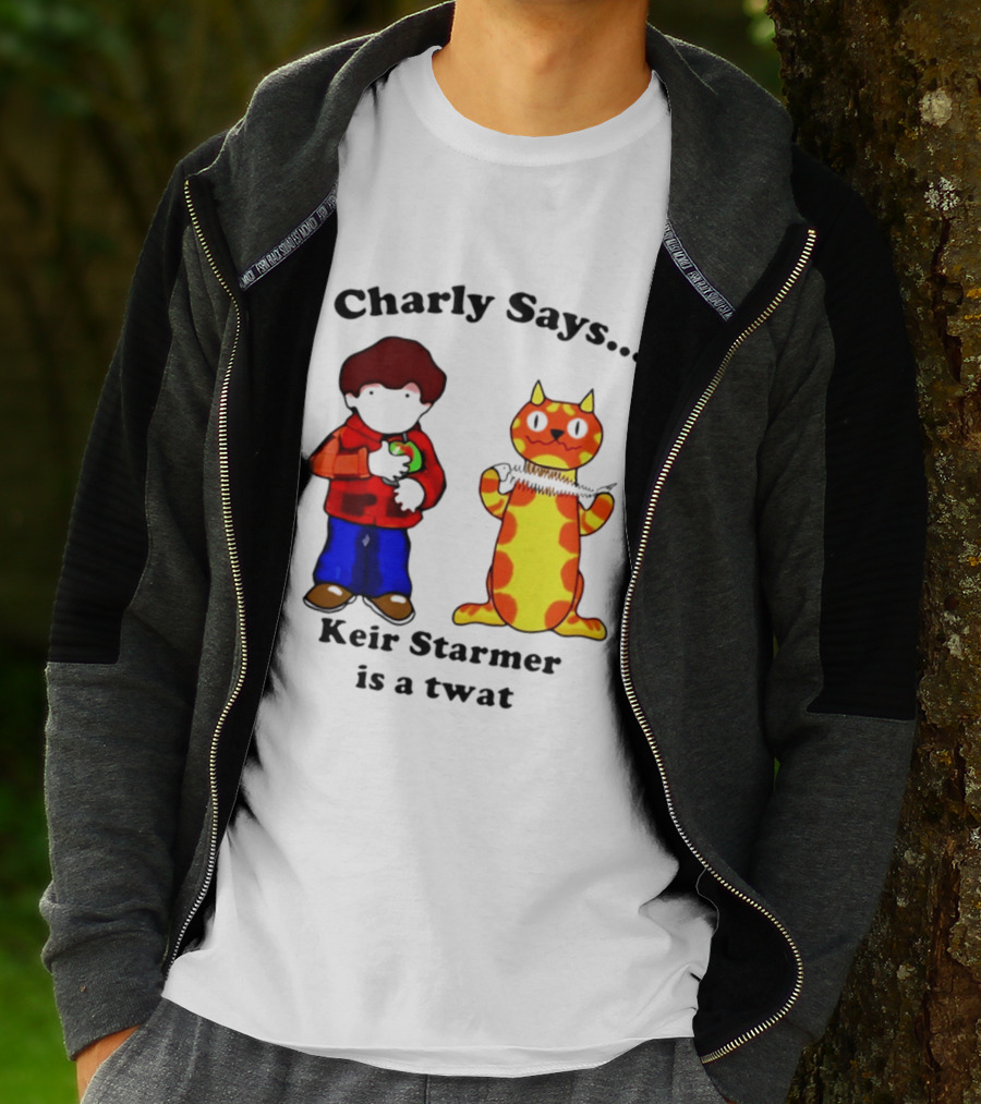Charly Says Keir Starmer Is A Twat Comic Retro Style Cat And Kid T-Shirt