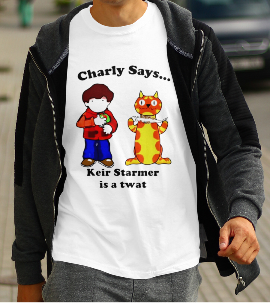 Charly Says Keir Starmer Is A Twat Comic Retro Style Cat And Kid T-Shirt