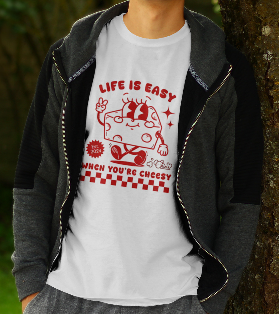 Life Is Easy When You're Cheesy Cartoon Cheese Character With Peace Sign And Stars T-Shirt
