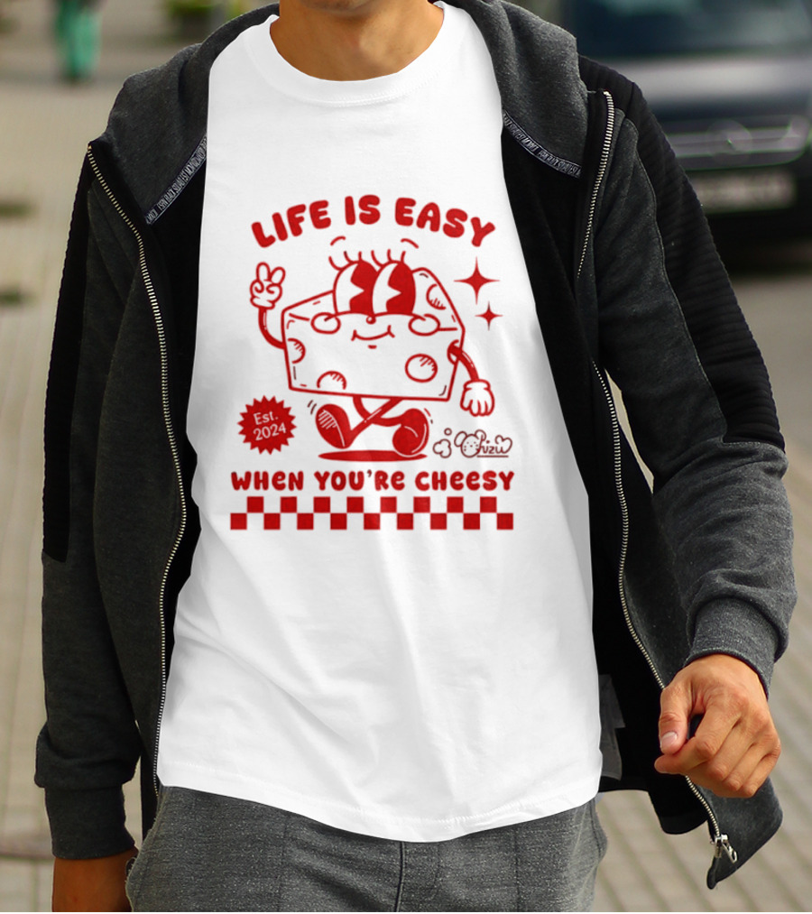 Life Is Easy When You're Cheesy Cartoon Cheese Character With Peace Sign And Stars T-Shirt