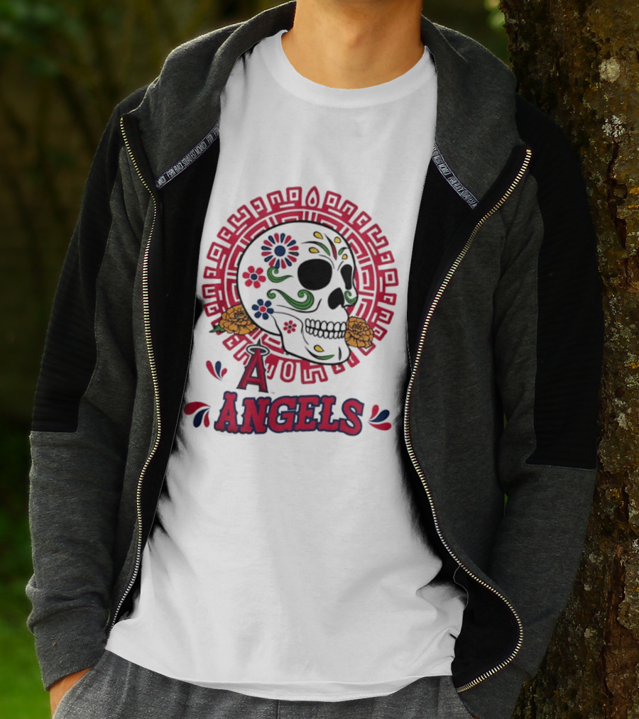 Los Angeles Angels Dia De Los Muertos Sugar Skull Aztec Calendar T-Shirt