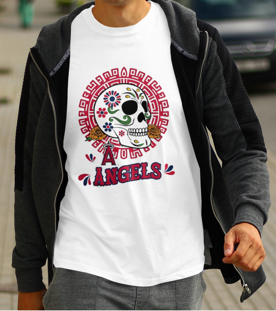 Los Angeles Angels Dia De Los Muertos Sugar Skull Aztec Calendar T-Shirt