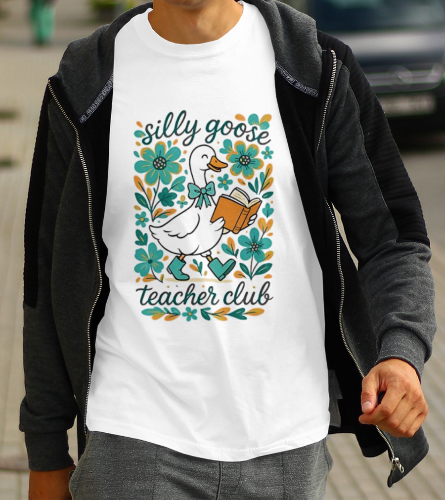 Silly Goose Teacher Club Reading Goose With Flowers And Rain Boots T-Shirt
