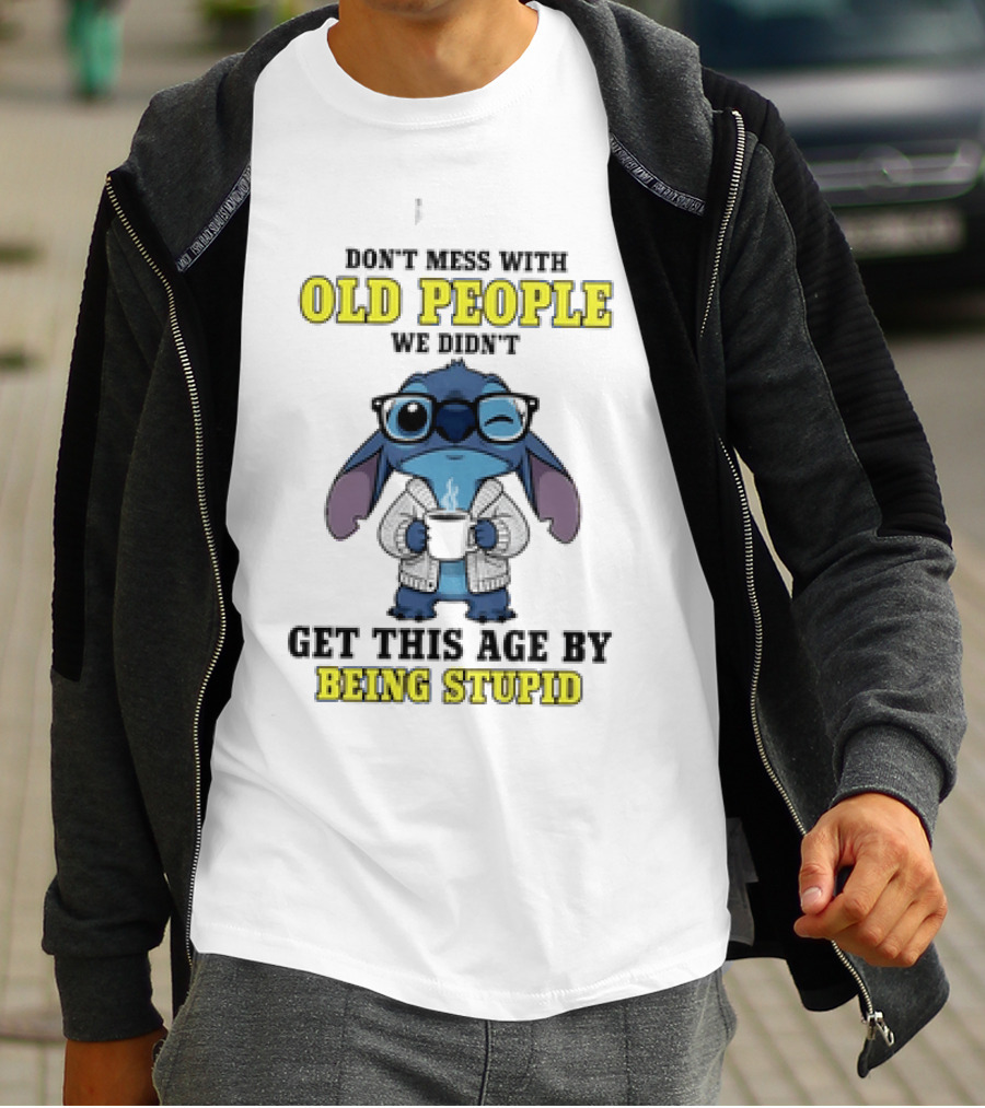 Stitch Don't Mess With Old People Winking Glasses Blue Character Image T-Shirt