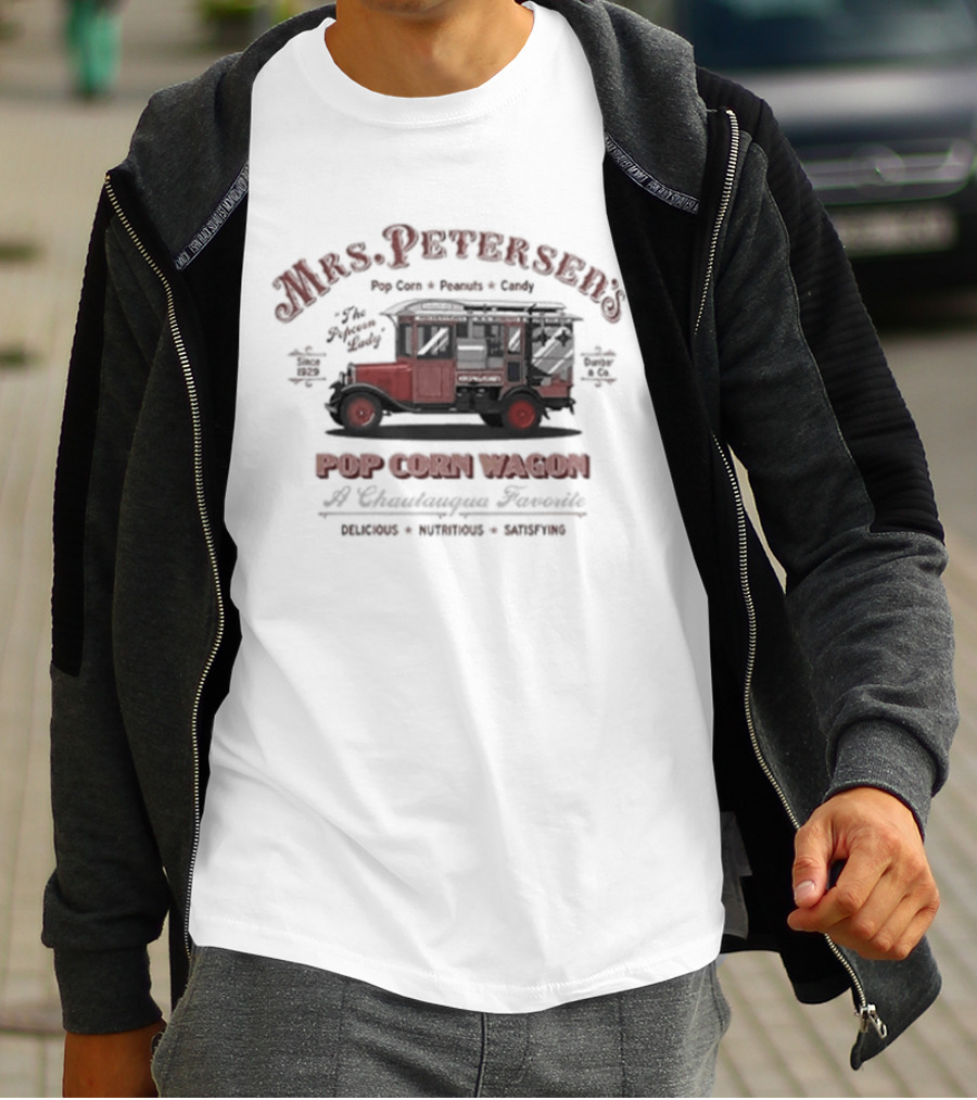 Mrs. Peterson's Popcorn Wagon Chautauqua Favorite Since 1929 Popcorn Truck T-Shirt