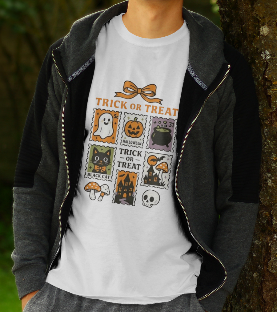 Trick Or Treat Halloween Ghost Pumpkin Cauldron Black Cat Haunted House T-Shirt