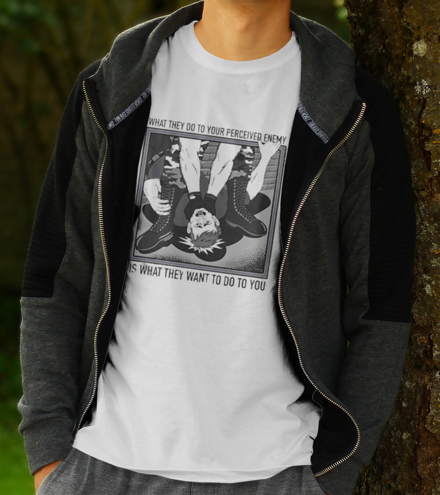 What They Do To Your Perceived Enemy Is What They Want To Do To You Black And White Image Of Upside Down Person With Arms Up T-Shirt