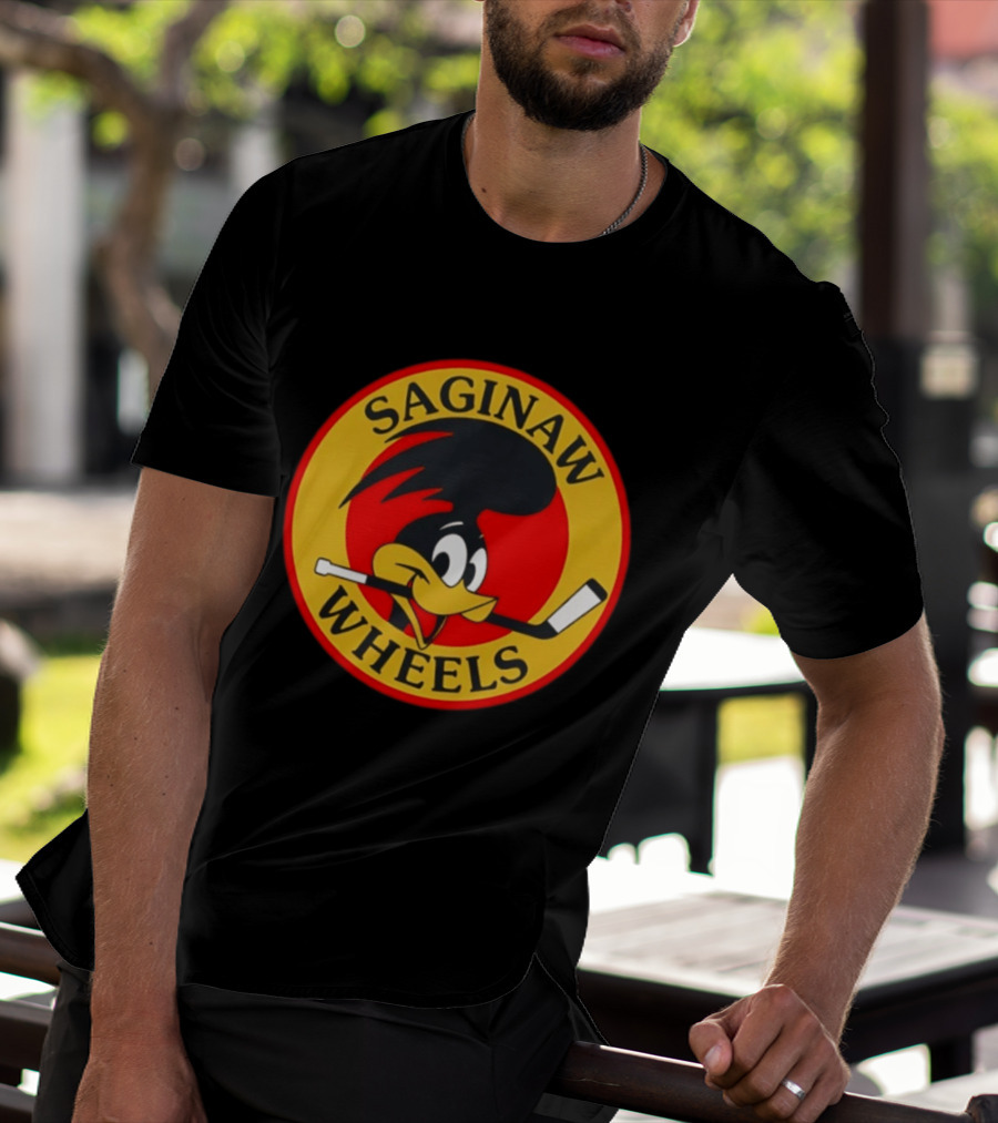 Saginaw Wheels Hockey Cartoon Character With Hockey Stick T-Shirt