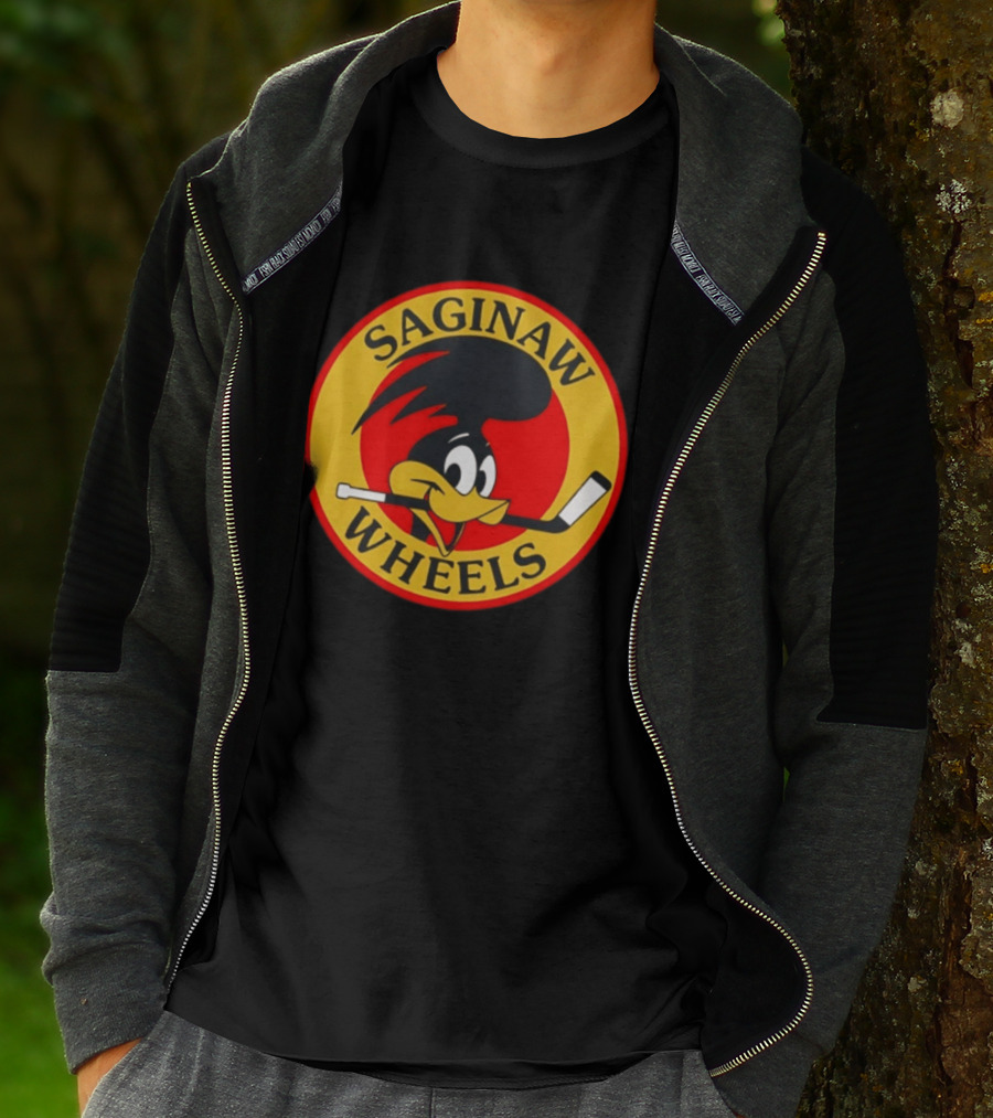 Saginaw Wheels Hockey Cartoon Character With Hockey Stick T-Shirt