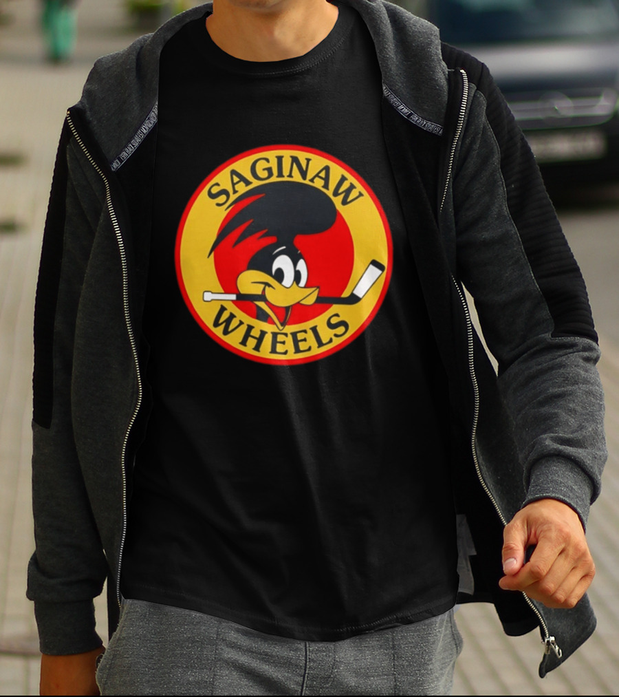 Saginaw Wheels Hockey Cartoon Character With Hockey Stick T-Shirt