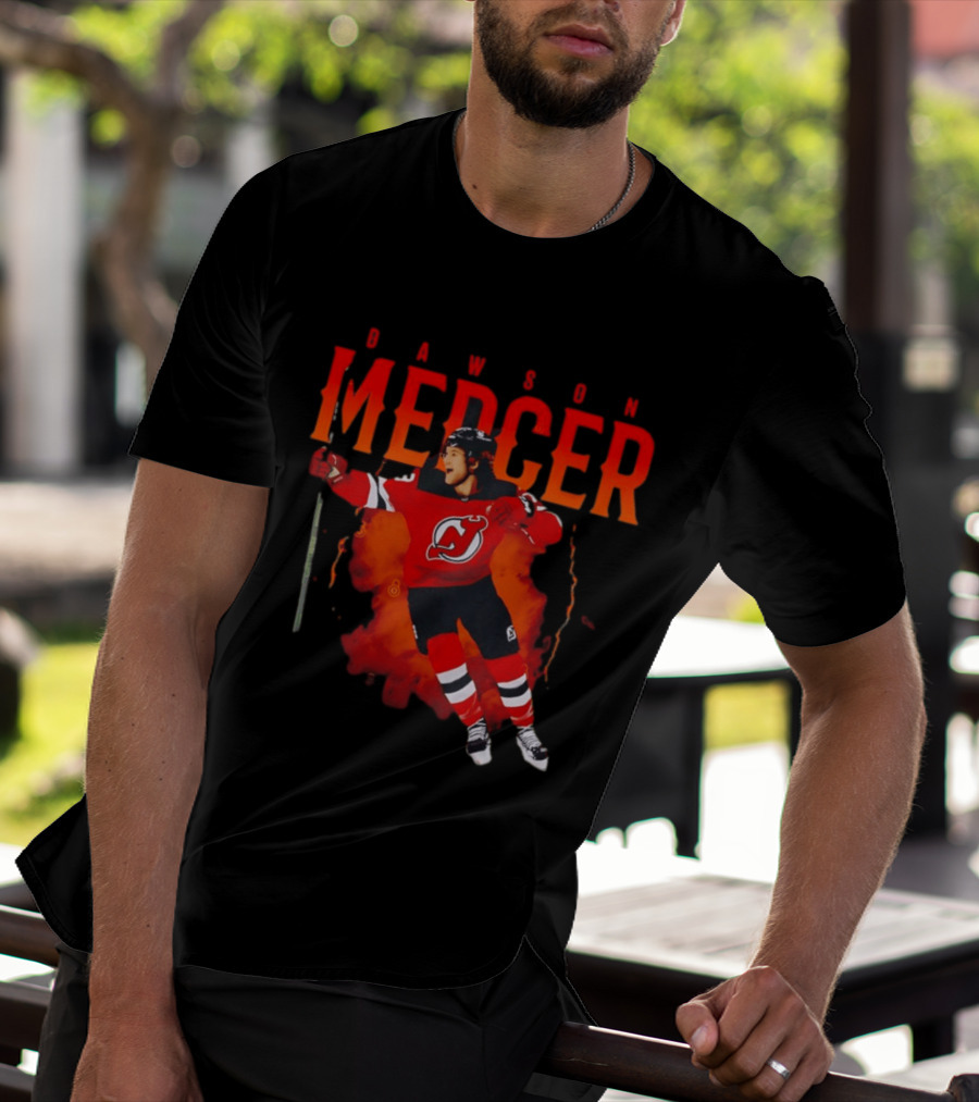Dawson Mercer New Jersey Devils Celebration Hockey Player Image T-Shirt