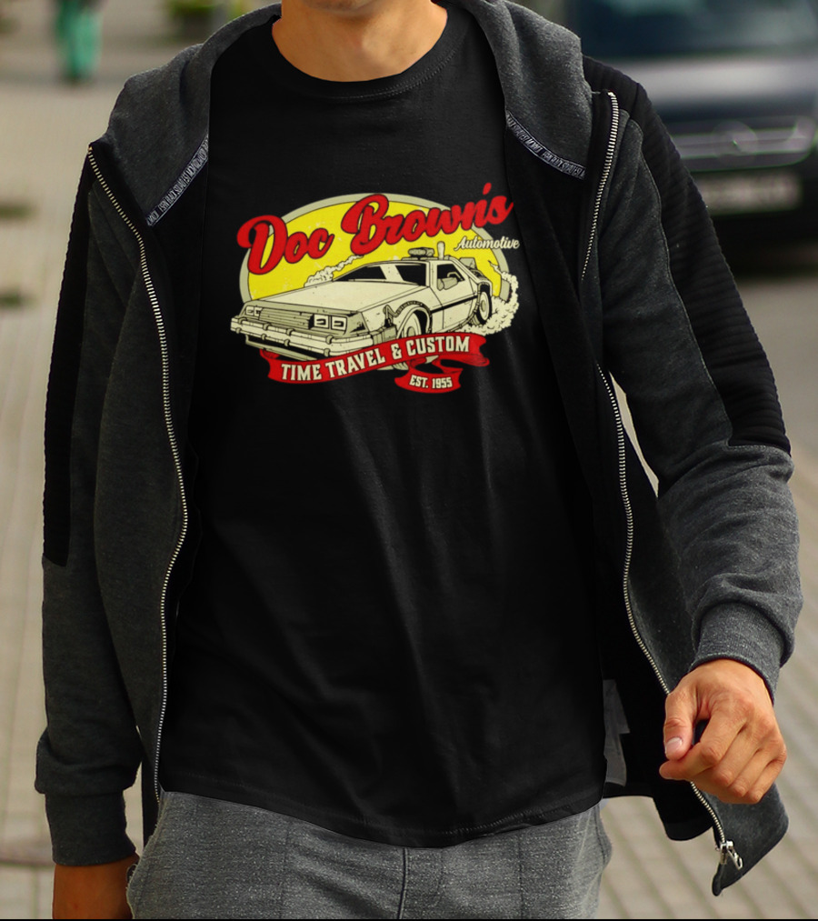 Doc Brown's Automotive Time Travel & Custom Est 1955 Classic DeLorean T-Shirt
