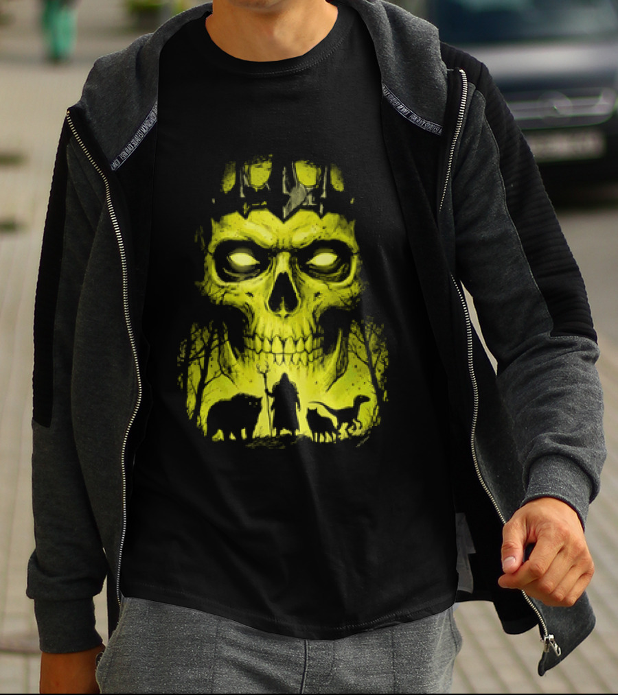 Lych Vs Druid Fantasy Dark Necromancer Skull T-Shirt