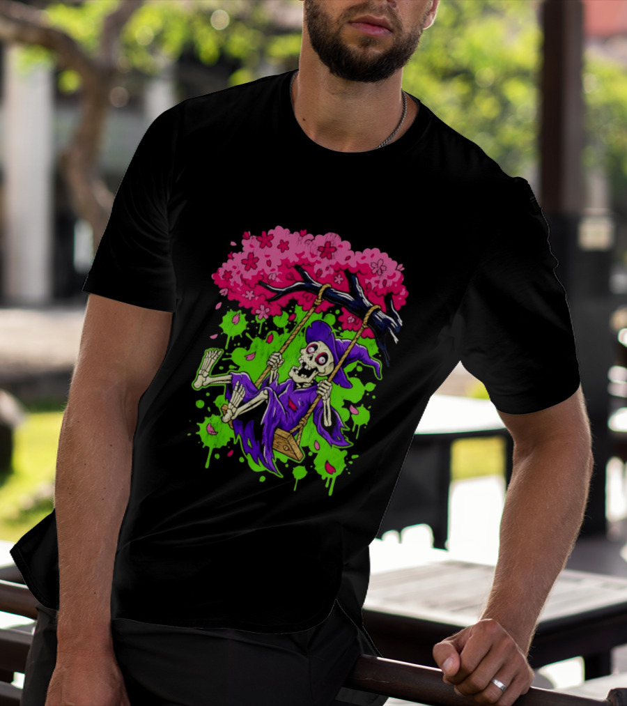Morbid Whimsy Skeleton Witch Swinging Under Cherry Blossom Tree T-Shirt