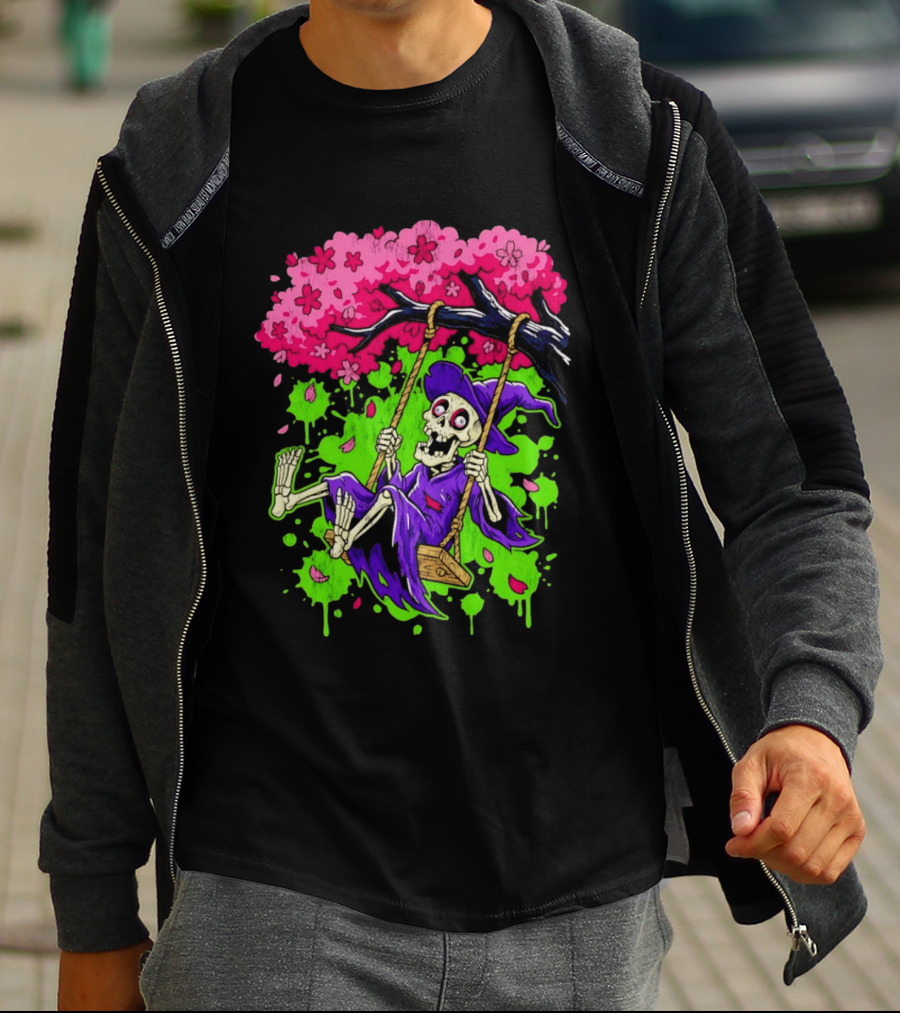 Morbid Whimsy Skeleton Witch Swinging Under Cherry Blossom Tree T-Shirt