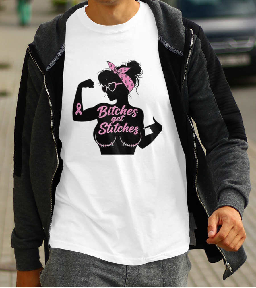 Empowering Women Warrior Bitches Get Stitches Breast Cancer Awareness Survivor T-Shirt