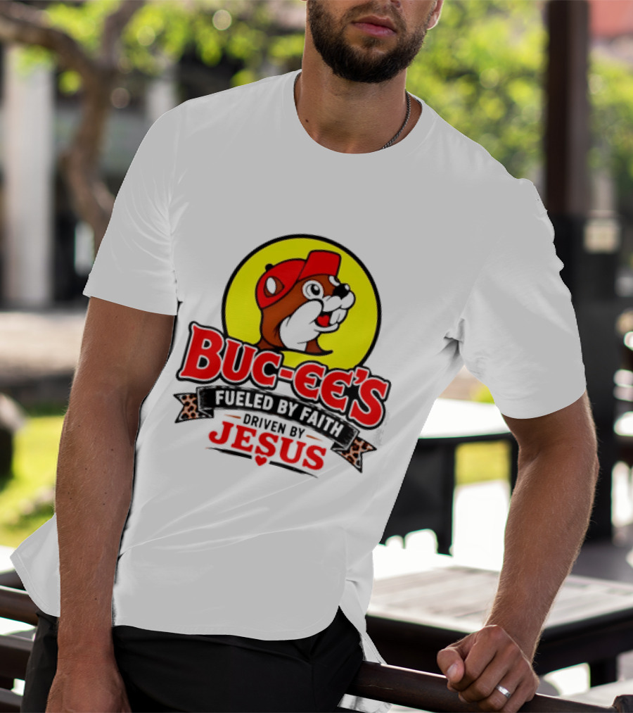 Buc Ee's Fueled By Faith Driven By Jesus Yellow Circle Red Cap T-Shirt