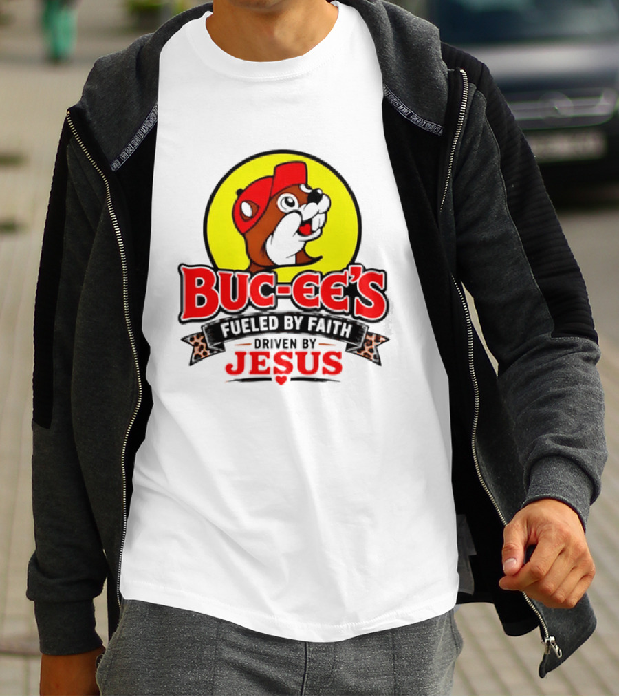 Buc Ee's Fueled By Faith Driven By Jesus Yellow Circle Red Cap T-Shirt