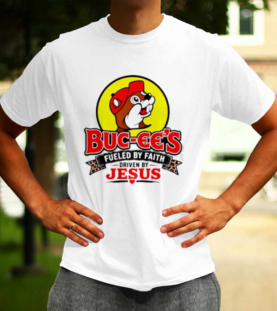 Buc Ee's Fueled By Faith Driven By Jesus Yellow Circle Red Cap T-Shirt