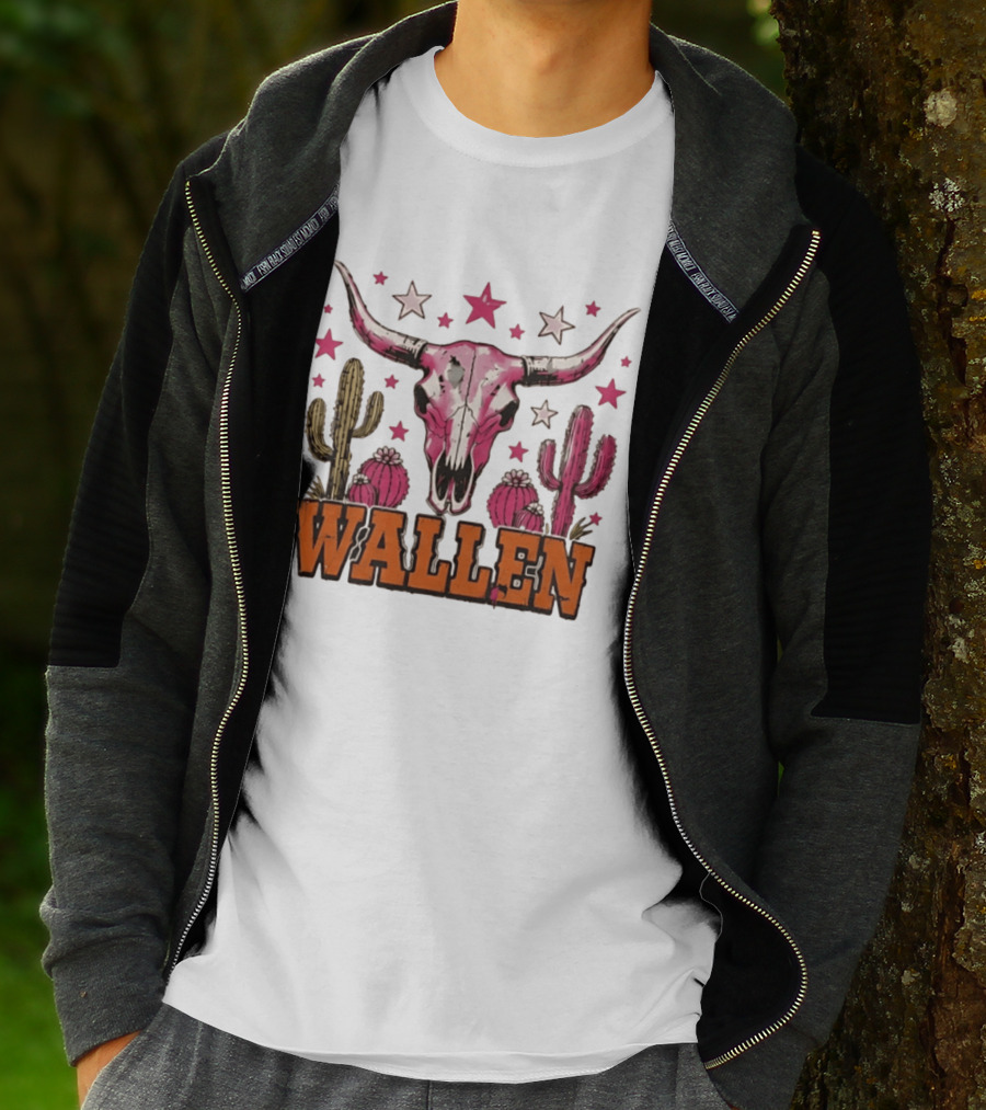 Wallen Pink Cow Skull Cactus Stars T-Shirt